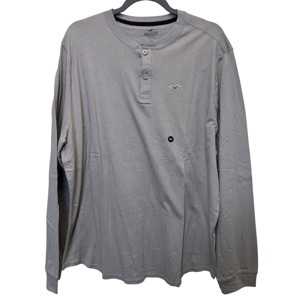 Hollister Mens Henley Shirt XXL Grey Long Sleeve Cotton Logo Casual Minimalist
